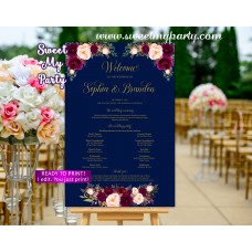 Burgundy Welcome Sign with program,Navy Wedding poster,(84w)